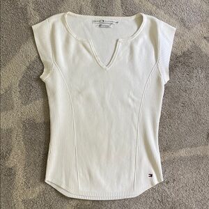 Tommy Hilfiger White Fitted Ribbed Cap Sleeve T-Shirt